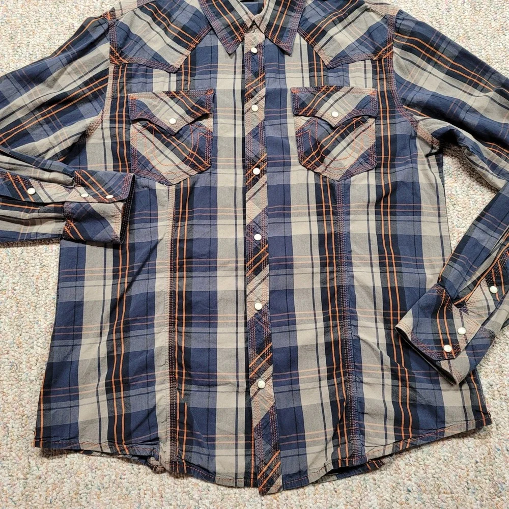 True Religion Western Shirt Mens 3XL Blue Plaid Pearl Snap Long Sleeve Cowboy